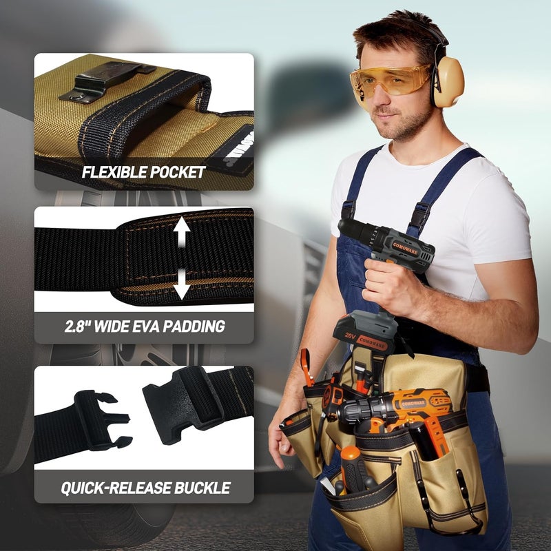 COMOWARE Tool Belt for Electricians & Construction Workers, Adjustable Heavy Duty Work Belt with Magnetic Zone, 17-Pocket Detachable System, Padded 600D Polyester Tool Belt for Men, Coffee Brown - Image 4